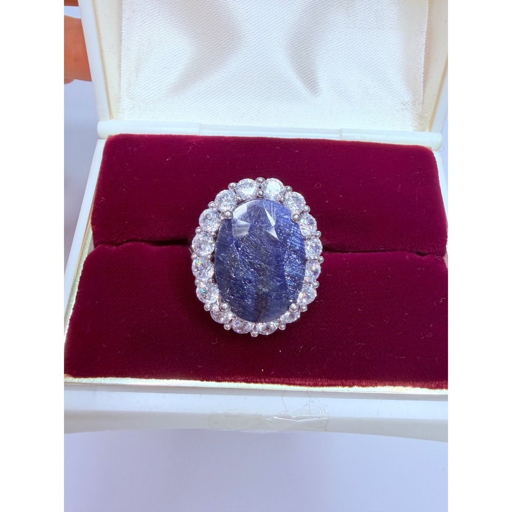 925 Sterling Silver Oval Blue Gemstone Halo Ring Size 8.5